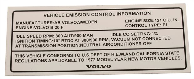 Dekal Vehicle Emission 1800 1972 i gruppen Volvo / P1800 / Övrigt / Dekaler P1800 1961-73 hos Jørgenrud Bil og Deler AS (136)