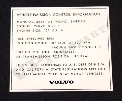 Dekal avgaskontroll B20E 1971 i gruppen Volvo / 140/164 / Övrigt / Dekaler / Dekaler 140 hos Jørgenrud Bil og Deler AS (170)
