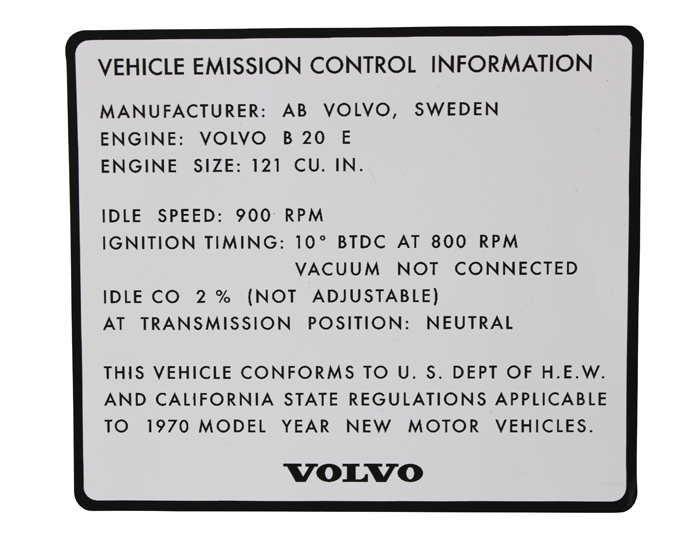 Dekal avgaskontroll B20E 1970 i gruppen Tilbehør / Trykksaker / Dekaler Volvo hos Jørgenrud Bil og Deler AS (204)