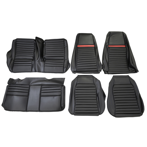Klädsel Mustang 69 FB Mach 1 svart/röd stripe i gruppen Ford/Mercury / Ford Mustang 65-73 / Innredning / Kledsel fram/baksete / Innredning Mustang 69 hos Jørgenrud Bil og Deler AS (C9ZZ-632900-BKMRS)